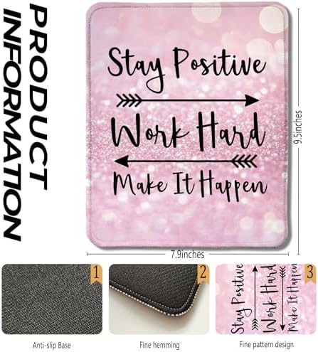 Inspirational Mouse Pad, Stay Positive Work Hard Make It Happen Motivational Positive Pink Glitter Mouse Pads for Wireless Mouse Computers Laptop Desk Accessories, 9.5x7.9 Inch - Image 2