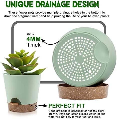 YNNICO Indoor Self Watering Planters with Drainage Holes and Saucers, 9,8, 7.5 Inches, Green, 3 Pots (Springgreen) - Image 3
