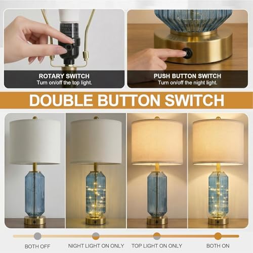 Oneach 24.5" Bedside Table Lamps Set of 2, Blue Coastal Nightstand Lamps with Night Light, USB A+C Charging Ports, Glass Lamps for Bedroom, Living Room, End Table (2 Bulbs Included) - Image 3