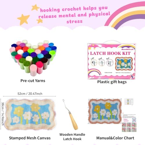 MeoobkCraft Latch Hook Kits for Adults Beginners, Pre-Printed Floral Latch Hook Rug Kit, Aesthetic Wavy Border Flower DIY Rug Craft Kit for Home Decor 20.47 x 14.96 in - Image 4