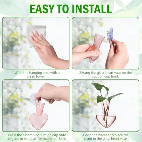 Bunmery Window Propagation Stations, 4 pcs Colored Heart Plant Propagation Station with Suction Cups, Easy to Install Window Hanging Planer, Indoor No Nails Glass Vase Terrarium for Plants&Flowers - Image 5