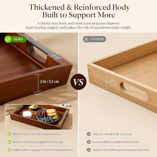 Acacia Wood Serving Tray with Metal Handle, 17x13in Tray for Ottoman - Image 3