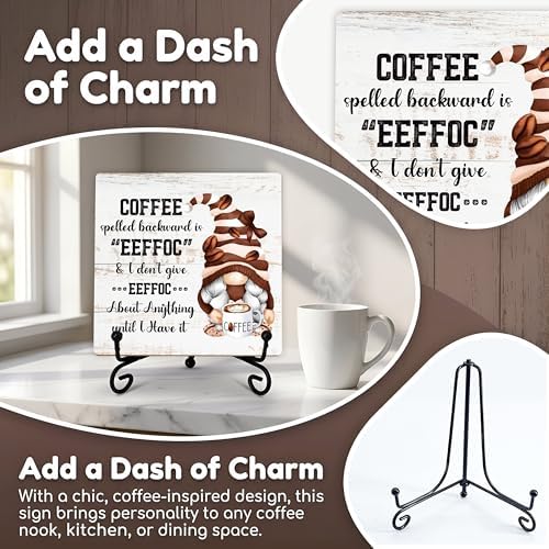 Coffee Bar Sign, Coffee Spelled Backwards Is Eeffoc Funny Wood Sign, Coffee and Tea Lover Gifts, 5x5 Wood Plaque with Iron Stand for Home, Kitchen or Cafe – A09 - Image 3