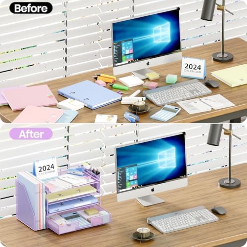 OPNICE Desk Organizer, 4-Tier Desktop File Organizer with Drawer and Pen Holders, Office Desk Accessories, File Sorters, Workspace Organizers for Office Supplies(Purple) - Image 2