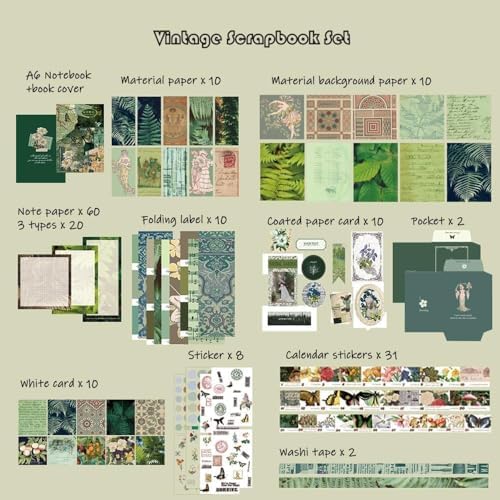 ATIRAMANIYA 346pcs Journal Supplies Kit Vintage Scrapbook Stickers Art Journaling Bullet Junk Journal Planners DIY Decoration Paper Stickers Craft Kits Notebook Collage Album (Green Butterfly Book) - Image 2