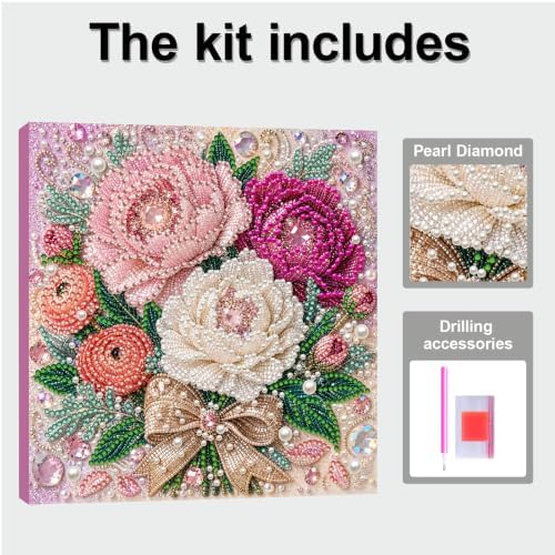 DIY Pearl Painting Kit for Adults, Peony Flower Gem Art with Wood Frame, 20x20cm Pearl Diamond Craft, Floral Wall Decor Gift for Women, Beginners Relaxing Hobby Kit - Image 5