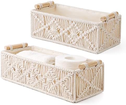 Mkono 2Pc Macrame Storage Basket, Boho Decor Toilet Paper Organizer, Ivory by Mkono