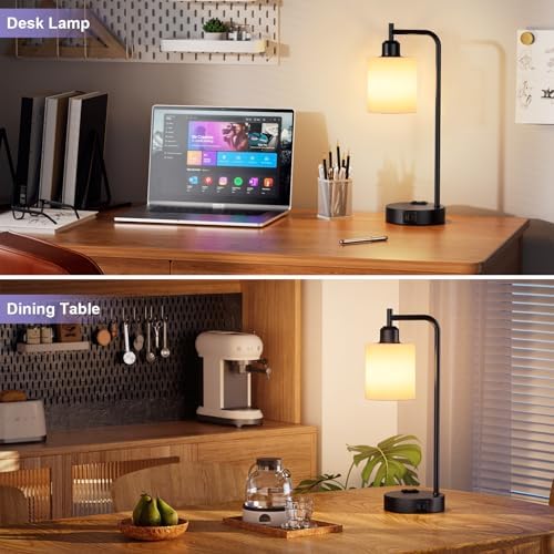 Industrial Touch Bedside Lamps for Bedrooms Set of 2 - 3-Way Dimmable Nightstand Lamps with USB C+A Ports and Outlet, Table Lamps with Opal Glass Shade for Living Room, Desk Lamps for Home Office - Image 6