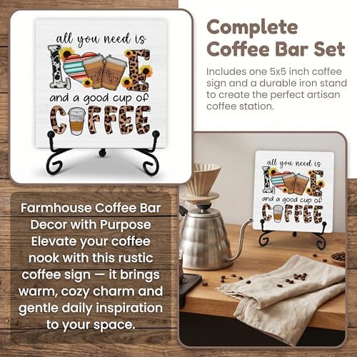 Coffee Bar Sign, All You Need Is Love and a Good Cup Quote Sign, 5x5 Wood Plaque with Iron Stand, Kitchen Cafe Tabletop Decor – A06 - Image 7