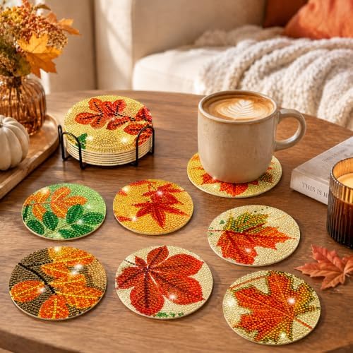 Demonwer 8 Pieces Vintage Fall Maple Leaves Diamond Art Coasters with Holder DIY Fall Maple Leaves Diamond Art Coasters Acrylic Round Cup Coaster for Adults - Image 5