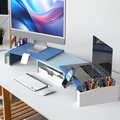 Simple Houseware Desk Dual Monitor Stand Riser with Drawer, Blue - Image 6