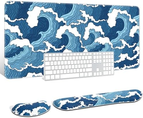 Auhoahsil Large Mouse Pad with Wrist Rests for Keyboard & Mouse, Thick Soft Ergonomic Memory Foam Wrist Supports, Big & Long Desk Mat 35.5 x 15.7 in, for Office Gaming Computer, Blue Wave by Auhoahsil