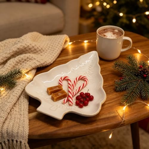 Christmas Tree - Shaped Decorative Porcelain Dish Serving Tray, Festive Candy Dish, Xmas Themed Ceramic Platter Ideal for Holiday Treats, Cookie, Decorative Tabletop Display (White) by Unknown