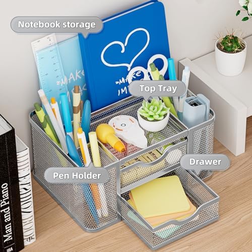 Marbrasse Mesh Desk Organizer, Pen Organizer with 2 Drawer, Multi-Functional Pencil Holder, Desk Organizers and Accessories with 5 Compartments + Drawer for Office Art Supplies (Silver) - Image 2