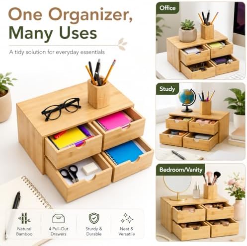 Bamboo Desk Organizer with Drawers, 4-Drawer Wooden Desk Organizer - Image 7