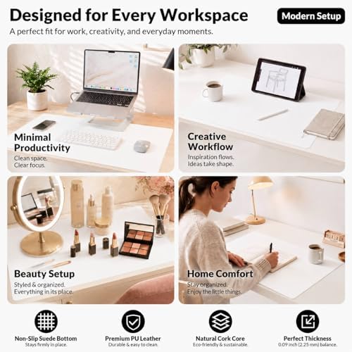 AFIING Cork Desk Mat 35.4" x 17", Dual-Sided Natural Cork & PU Leather Desk Pad, Non-Slip Waterproof Large Mouse Pad for Office, Home & Gaming, White - Image 6