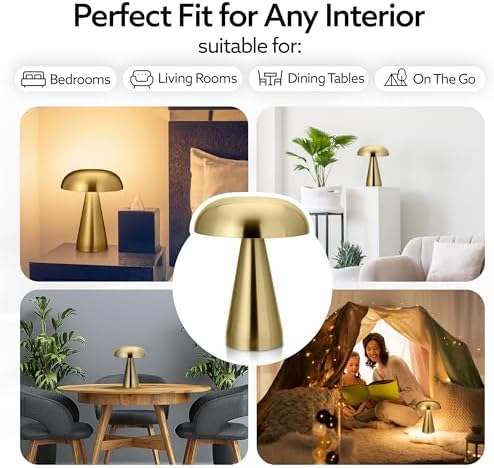 Brushed Gold Mushroom Table Lamp, Cordless Rechargeable LED Metal Lamp, Tap Touch 3-Color Modes Changing Light, Small Portable Accent Lamp for House, Restaurant, Hotel, Bars, Travel, Emergencies - Image 2