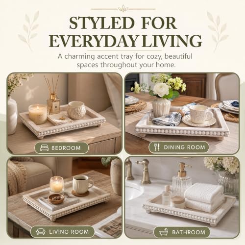 Decorative Coffee Table Tray, 13.5 x 9.7 Inch White Washed Wooden Beaded Tray with Removable Legs, Rustic Farmhouse Rectangular Tray for Coffee Table, Kitchen Counter and Vanity Decor - Image 5