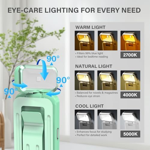 KTEBO Rechargeable Book Light with Clip & Battery Indicator, 9 Luminescence Modes, USB-C Portable 1.6 oz Ultralight Lamp for Night Reading in Bed, Readers - Green - Image 3