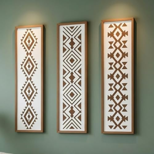 X DELUXE Minimalist Aztec Wood Wall Decor Set of 3 Geometric Scandinavian Boho Hanging Panels for Living Room Bedroom Hallway Office Modern Tribal MDF Wall Art Vertical Decorative Interior Accent - Image 2