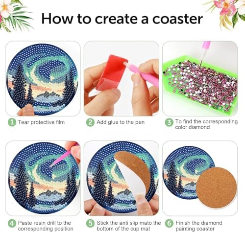 NEGEKFKX 8 Pcs Aurora Diamond Art Painting Coasters Kits,Landscape Coaster with Holder for Adults, Non-Slip DIY Dot Paint Craft Kits,5D Full Drill DIY Diamond Dot Gem Art Kit Home Decor Arts Craft - Image 6