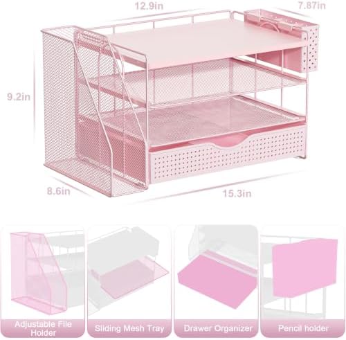 gianotter Wood Desk Organizers and Accessories with File Holder, 4-Tier Desk Accessories & Workspace Organizers with Drawer and Pen Holder, Desk Reference Organizer (Pink, 4T with Drawer) - Image 4