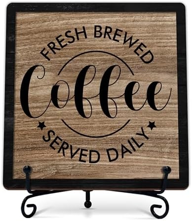 Coffee Bar Sign, Fresh Brewed Coffee Served Daily Sign, 5x5 Wood Plaque with Iron Stand, Kitchen Cafe Tabletop Decor – A05 by Unknown