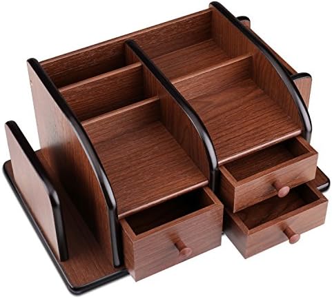 Flexzion Wooden Desk Organizer w/Drawers - Classic Wood Office Supplies Accessories Desktop Tabletop Sorter Shelf Rack Cherry Brown Pencil Holder Caddy Set with 3 Drawers, 3 Compartments & 2 Shelves - Image 3