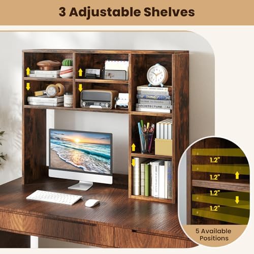 Giantex Desktop Bookshelf, Desk Hutch Dorm w/ 7 Cubes & 3 Adjustable Shelves, Desk Shelf for Up to 27" Computer Monitors, Wooden Desktop Storage Organizer for Dorm College Office Home, Rustic Brown - Image 5