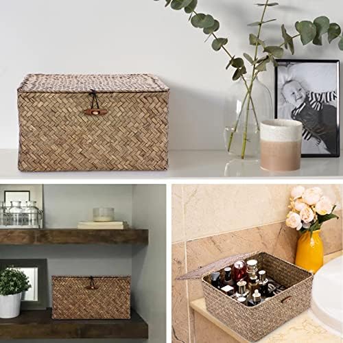 Hipiwe Seagrass Storage Basket Bin with Lid Wicker Baskets for Organizing - Image 2