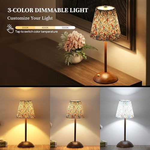 Small Vintage Cordless Table Lamp, Rechargeable Battery Operated Lamp with 3 Color Temperatures Stepless Dimming, Floral Bedside Nightstand Lamp for Bedroom, Living Room, Coffee Table, Bookshelf - Image 3