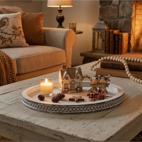 Farmhouse Round Wooden Beaded Tray 12" White Washed Wooden Decorative Tray Round Rustic Wood Decorative Coffee Table Trays for Home Living Room Kitchen Counter - Image 4