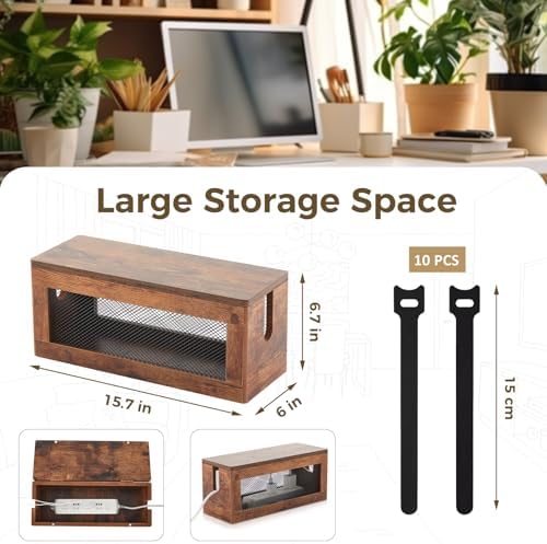 Chunful Extra Large Cable Management Box, 16'' Wood Cord Box Organizer with Ventilation Nets & Organizer for Power Strip, TV Wires & Desk Cable Storage, Magnetic Lid Hide Floor Cables - Image 2