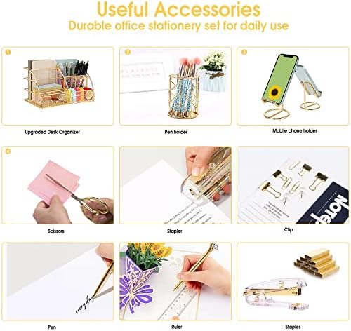 KAAKOW Gold Desk Organizers and Accessories Office Supplies Set Stapler, Pen Holder, Phone Holder, Scissors, Pen, Ruler, 30 Paper Clips, 22 Binder Clip, 20 Tacks and 1000pcs Staples (Gold) - Image 5