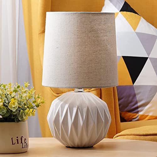 White Ceramic Table Lamp, Geometric Textured Small Bedside Lamp with Linen Shade, Mid Century Modern Nightstand Lamp for Bedroom Living Room Reading Room, H 12" x W 6.7", 7W LED Bulb Included - Image 2