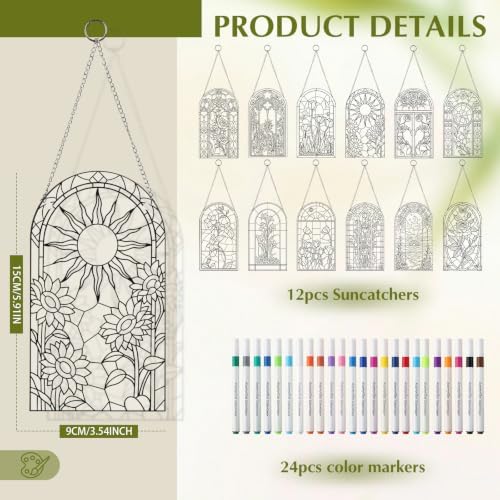 Humyoun 36 Pcs Suncatchers Crafts Kit DIY Paint Art Stained Glass Painting Craft Kits 24 Markers and 12 Suncatchers for Adults Home Decor Creative Projects (Window Flower) - Image 2