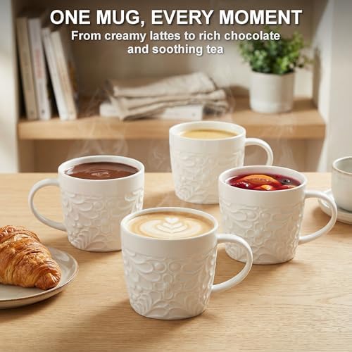 16 Oz Ceramic Coffee Mugs Set of 4, Rustic Embossed Nature Design, White - Image 4