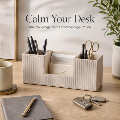 GORESE Pen Holder for Desk, Leather Small Desk Organizer for Office, Beige - Image 2