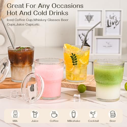 13oz Iced Coffee Cups,4Pcs Glass Cups with Lids and Straws Drinking Glasses,Clear Ribbed Glassware,Reusable Tumbler Glass to Go Cup for Matcha, Iced Tea,Juice - Image 5