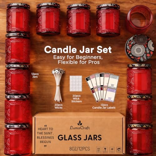 LumaCraft Luxury Embossed Glass Candle Jars for Making Candles - 12 Pack Empty Candle Containers with Lids, 20 Wicks & 20 Stickers, Colored Glass Jars for Gifts & Decor - Image 2