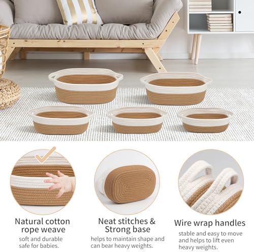 VOOWO Set of 5 Woven Rope Baskets for Storage, Organizing, Nursery, Shelves - Small Baskets for Gifts Empty (Off White & Jute) - Image 3