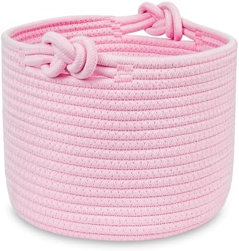 ABenkle Small Woven Basket, Cotton Rope Shelf Storage Basket, Small Round Basket, Cute Basket, Decorative Round Bin for Nursery Bedroom Bathroom, 9.4" x 9.4"x 7.1" Empty Gift Basket- Pink by ABenkle
