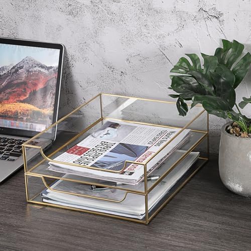 BTSKY 2 Pack Golden Glass Desk Tray, Multi-Purpose Organizer for A4 Paper, Documents, Desk Supplies, Makeup, Clear File Tray with Metal Frame, Stackable Decorative Storage for Home Office Vanity - Image 2