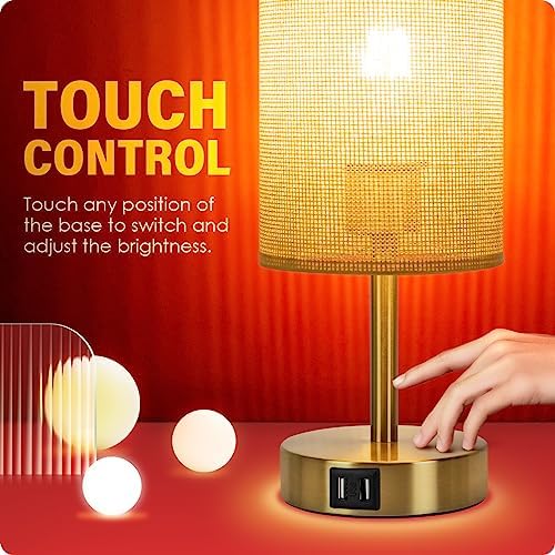 Yarra-Decor Bedside Lamp with USB Port - Touch Control Table Lamp for Bedroom Wood 3 Way Dimmable Nightstand Lamp with Round Flaxen Fabric Shade for Home Office (LED Bulb Included) (Y - NET) - Image 4