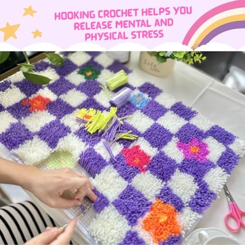 MeoobkCraft Sea of ​​Purple Flowers for Latch Hook Kits for Adults Beginners Purple Plaid Flowers Pre-Printed Latch Hook Rug Kits Embroidery Cross-Stitch for Home Home Decoration 20.47 x 14.96in - Image 3