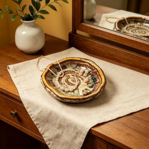 Speckled Ceramic Jewelry Dish, 5 Inch Rustic Footed Ring Dish, Boho Wabi Sabi Trinket Bowl for Rings Earrings Necklaces, Vanity Nightstand Key Tray for Women, Decorative Jewelry Holder Gift - Image 2