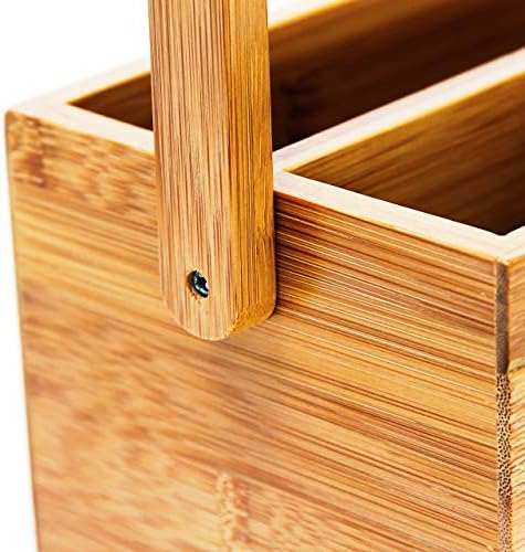 Relaxdays Bamboo Table or Desk Organiser, HxWxD: 20 x 25 x 11.5 cm, with 4 Compartments, Pen or Pencil Holder, with Handle, Natural Brown - Image 6