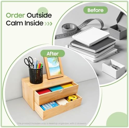 Gdrasuya10 Bamboo Desk Organizer, Drawer Tabletop Storage Organization Box for Office Home Toiletries Supplies, No Assembly Required (2 Drawer) - Image 4