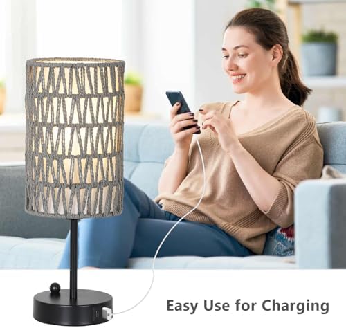 Gray Bedside Lamps Set of 2, Touch Control Night Stand Lamp for Bedroom with Rattan & Linen Shade & Bulbs, 3 Way Dimmable Small Boho Table Lamps with USB Charging Port & Phone Stand - Image 6
