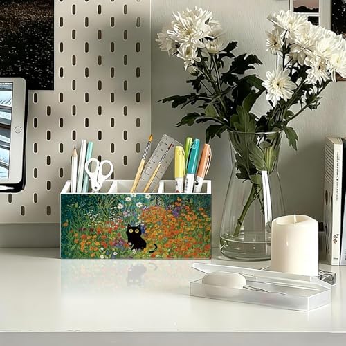 Black Cat Pen Pencil Holder for Desk, Black Cat Mom Lady Lovers Gifts for Women, Pet Lover Gifts, Cottagecore Wildflower Kitten Wooden Box Sign Decorations for Home Office Desk Tabletop - Image 2